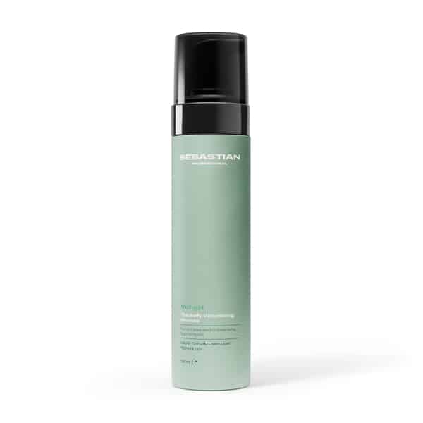 Mint-green spray bottle with a black cap and white 'Sebastian' logo, a hair styling product on a white background in a standing position.