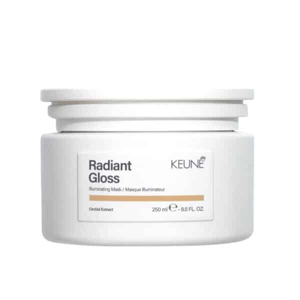 Radiant Gloss Illuminating Mask by Keune in a white jar with a label showing orchid extract and 250 ml (8.5 fl oz).
