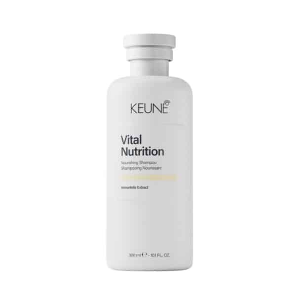 Keune Vital Nutrition Nourishing Shampoo bottle with Immortelle Extract label on white background.