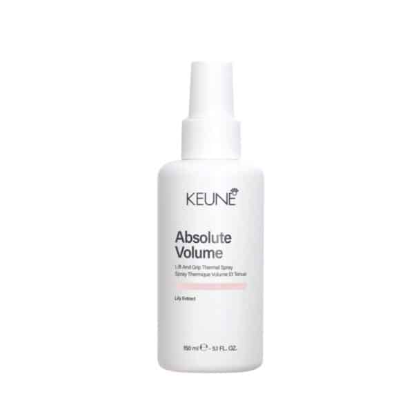 Keune Absolute Volume hair spray bottle, white with pump top and pink label accent (150 ml).