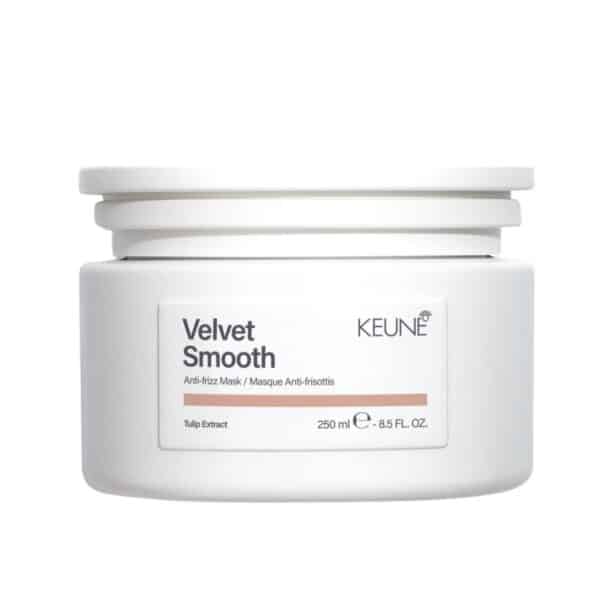 Keune Velvet Smooth anti-frizz mask in a white jar with tulip extract, 250 ml/8.5 fl oz label visible