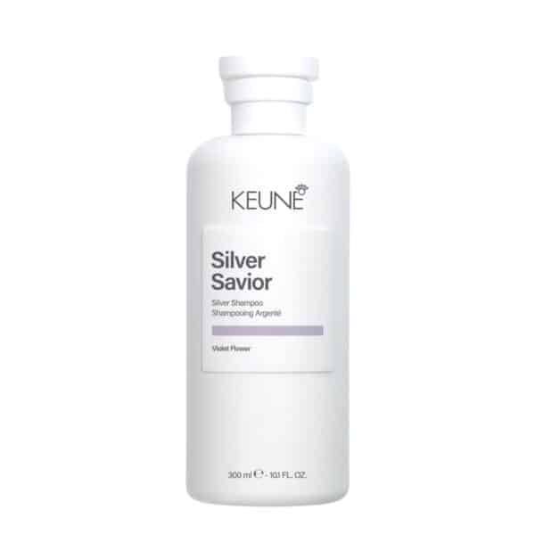 White Keune Silver Savior Violet Flower shampoo bottle with pump top, front view