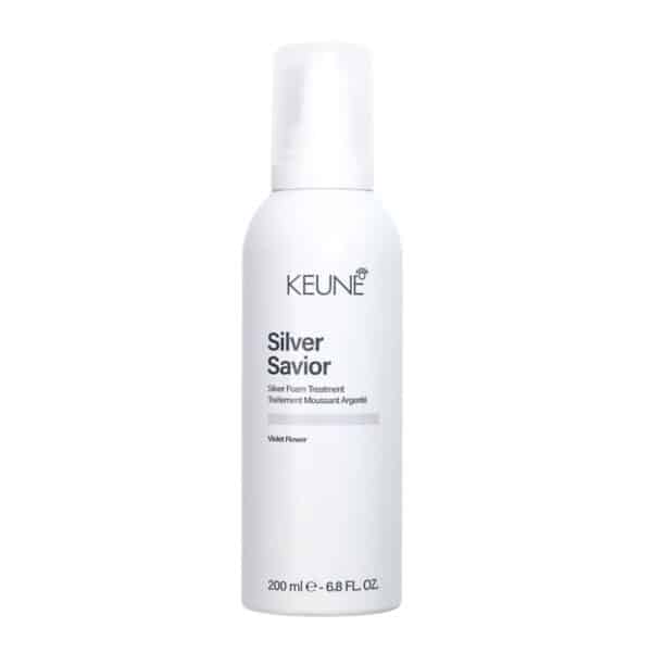 White KEUNE Silver Savior bottle with pump, labeled Silver Foam Treatment (Violet Flower) — 200 ml.