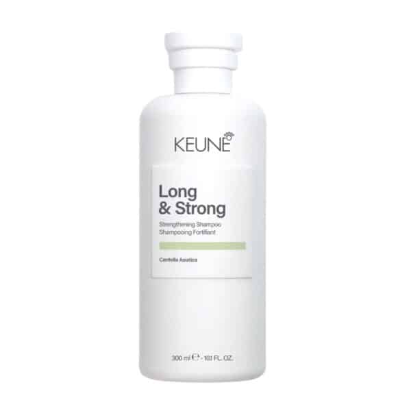 Keune Long & Strong strengthening shampoo bottle with a white label and green accent.