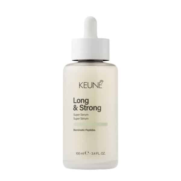 Keune Long & Strong serum bottle with dropper cap and cream label (100 ml).