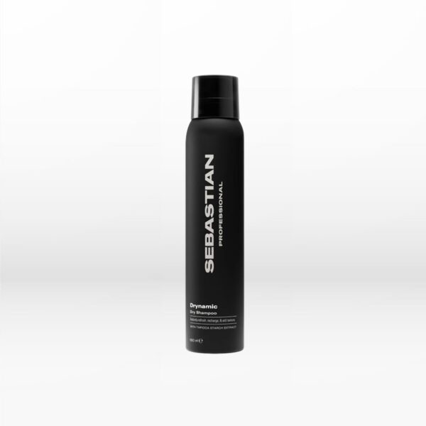Sebastian Professional Dynamic Dry Shampoo bottle with a black matte finish and white vertical logo against a white gradient background.