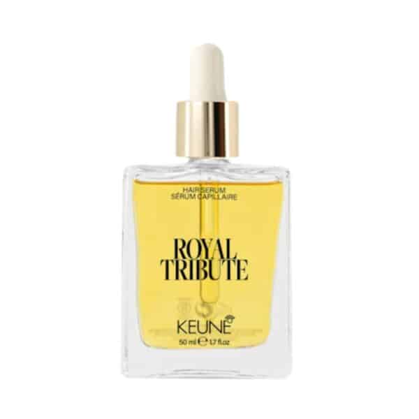 Keune Royal Tribute Hair Serum bottle with dropper, yellow label and gold cap (50 ml) displayed against white background