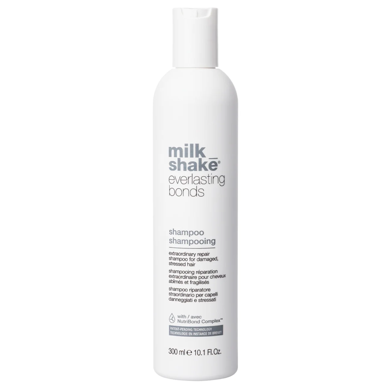 milkshake_EverlastingBondsShampo0_300ml_1296x - GoHair.gr Milk Shake Everlasting Bonds shampoo bottle, white with gray text, 300 ml (image of product)