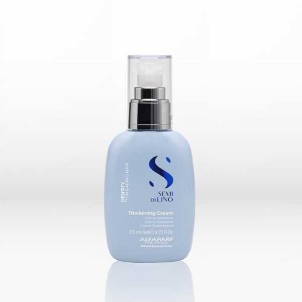 Light blue bottle of Thickening Cream for hair with a silver pump, labeled Semi Di Linò by Alfaparf Milano (125 ml).
