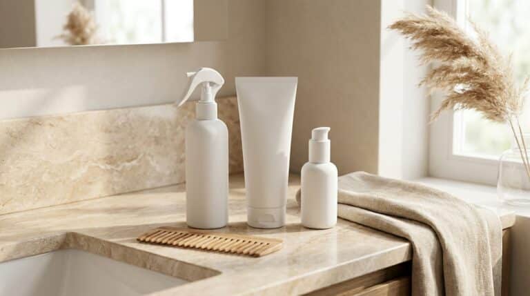 Λευκές συσκευασίες σπρέι, κρέμας και σέρουμ χωρίς ετικέτες σε μάρμαρο μπάνιου δίπλα σε ξύλινη χτένα και λινή πετσέτα